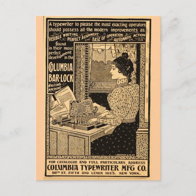 1890er-Sekretärin bei der Schreibmaschine Postkarte (Vorderseite)