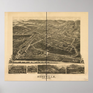1891 Asheville, NC Birds Eye Panoramablick Karte Poster