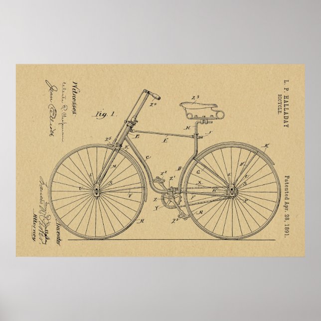 1891 Bicycle Patent Art Zeichnend Print Poster (Vorne)