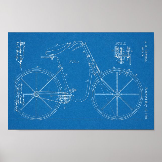 1891 Bicycle Patent Art Zeichnend Print Poster (Vorne)