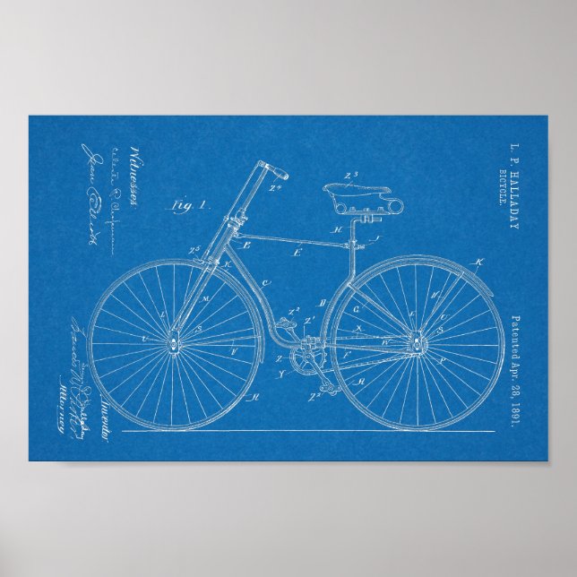 1891 Bicycle Patent Art Zeichnend Print Poster (Vorne)