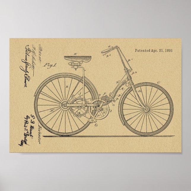1891 Chainless Bicycle Design Patent Art Print Poster (Vorne)