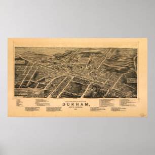 1891 Durham, NC Birds Eye Panoramakarte Poster