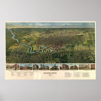 1891 Houston, TX Bird's Eye View Panorama Karte Poster