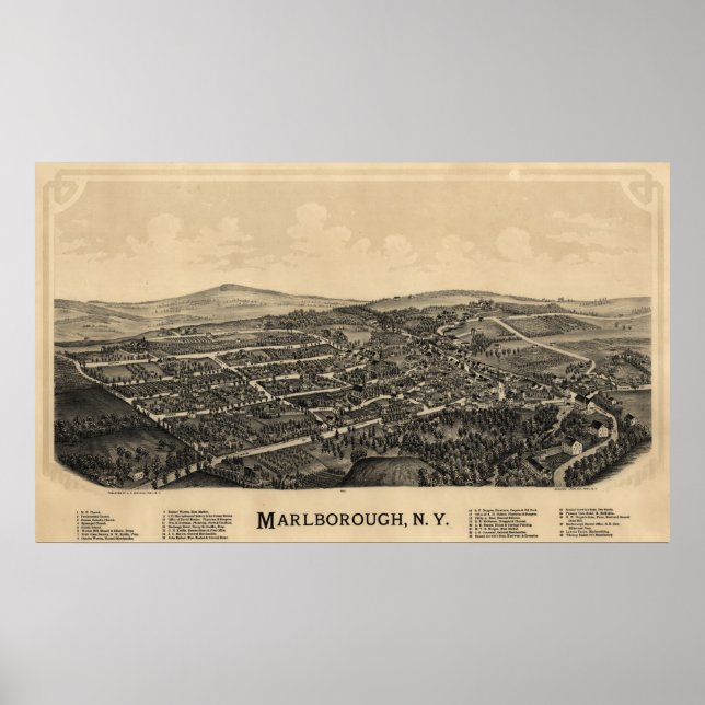1891 Marlborough, New Birds Eye Panoramablick Kart Poster (Vorne)