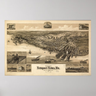 1891 Newport News, VA Birds Eye Panoramablick Kart Poster