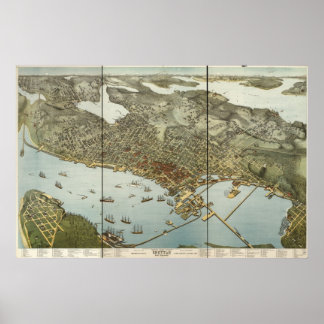 1891 Seattle, WA Birds Eye Panoramablick Karte Poster