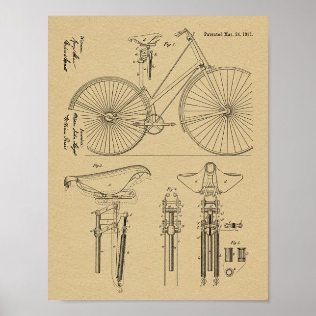 1891 Vintager Fahrradsitz Design Patent Art Print Poster (Vorne)