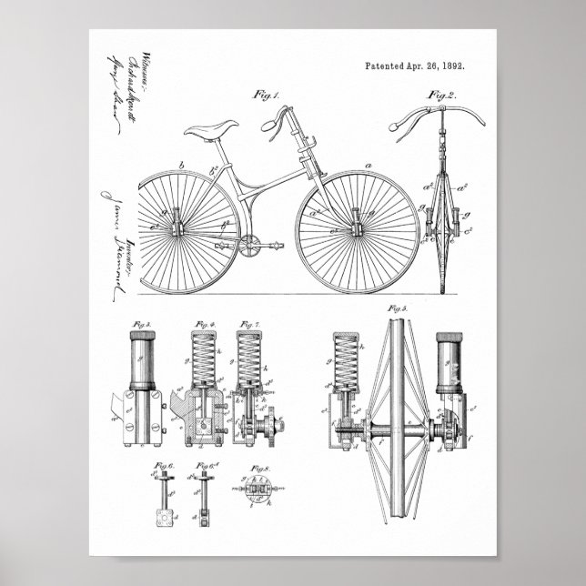 1892 Fahrradaufhängung Design Patent Art Print Poster (Vorne)