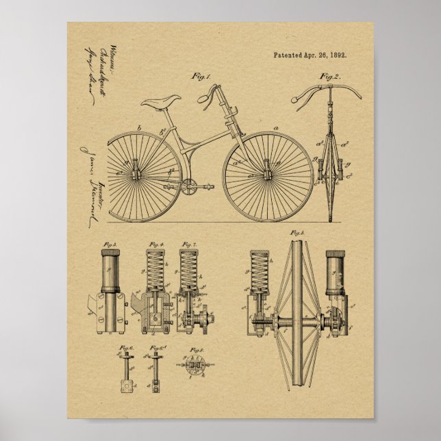 1892 Fahrradaufhängung Design Patent Art Print Poster (Vorne)