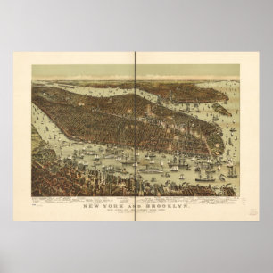 1892 New York & Brooklyn Birds Eye Panorama Karte Poster