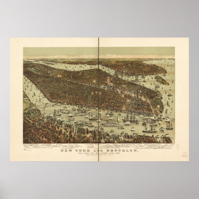 1892 New York & Brooklyn Birds Eye Panorama Karte Poster (Vorne)