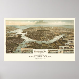 1892 Norfolk, VA Bird's Eye View Panorama Karte Poster