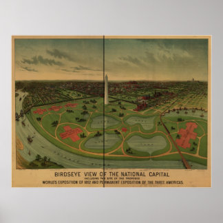 1892 Washington DC Birds Eye View Panorama Karte Poster