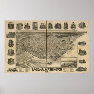 1893 Tacoma, WA Birds Eye Panoramablick Karte Poster