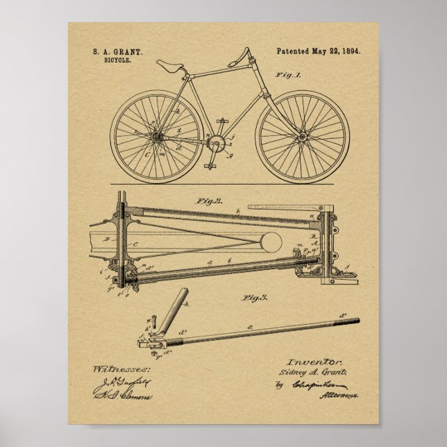 1894 Chainless Bicycle Design Patent Art Print Poster (Vorne)