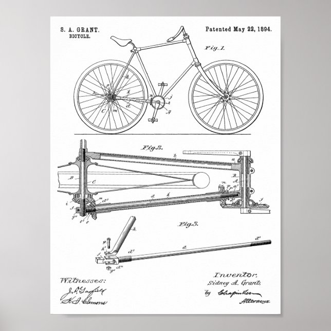1894 Chainless Bicycle Design Patent Art Print Poster (Vorne)
