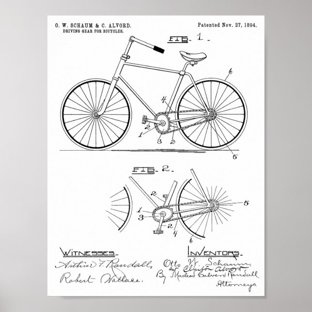 1894 Elliptical Gear Bicycle Design Patent Print Poster (Vorne)