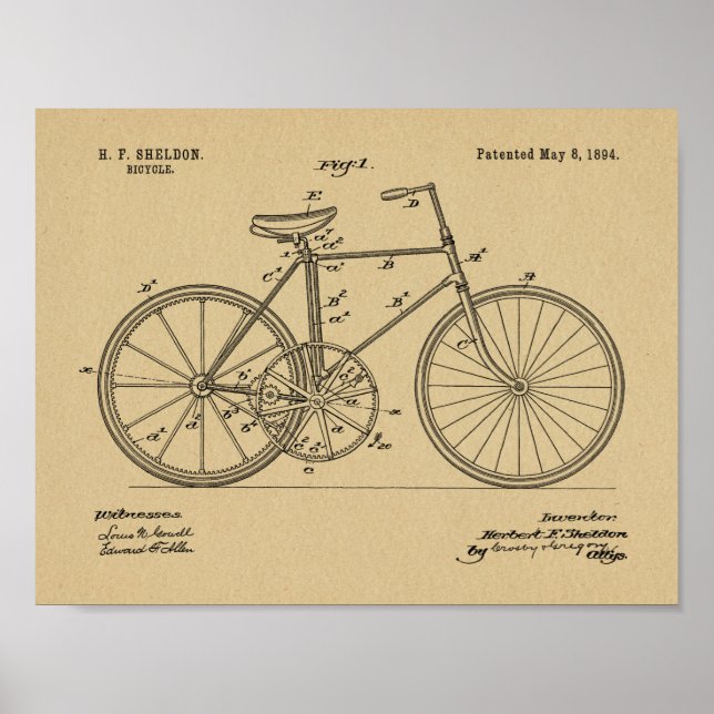 1894 Fahrraddesign Patent Art Print Poster (Vorne)