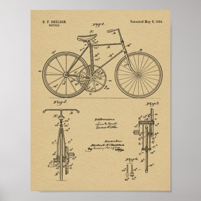 1894 Fahrraddesign Patent Art Print Poster (Vorne)