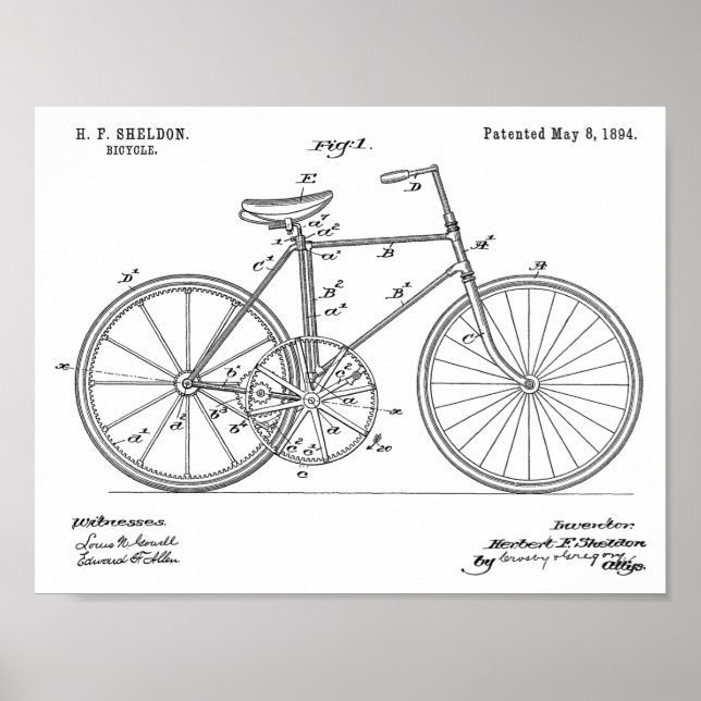 1894 Fahrraddesign Patent Art Print Poster (Vorne)