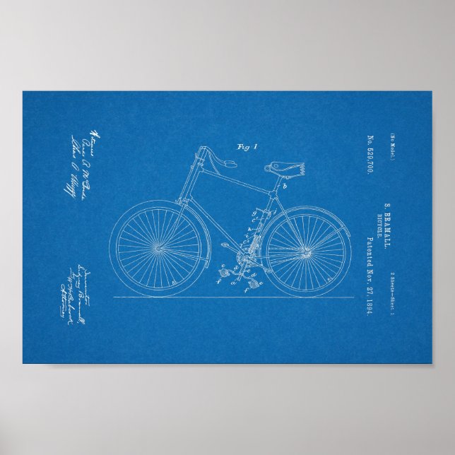 1894 Vintages Fahrrad Patent Blueprint Art Print Poster (Vorne)