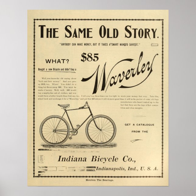 1894 Waverly Indiana Bicycle Ad Art Poster (Vorne)