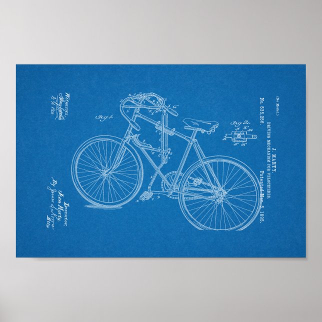 1895 Vintages Fahrrad Patent Blueprint Art Print Poster (Vorne)