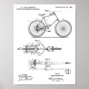 1896 Entwurfspatent für kettenloses Fahrrad Kunstp Poster