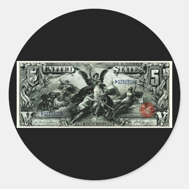 1896 US fünf Dollar-silbernes Zertifikat Runder Aufkleber (Vorderseite)