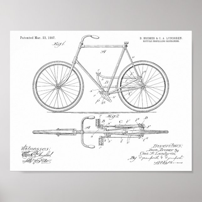 1897 Chainless Bicycle Patent Art Zeichnend Print Poster (Vorne)