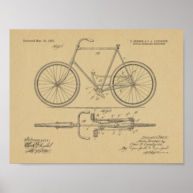 1897 Chainless Bicycle Patent Art Zeichnend Print Poster (Vorne)