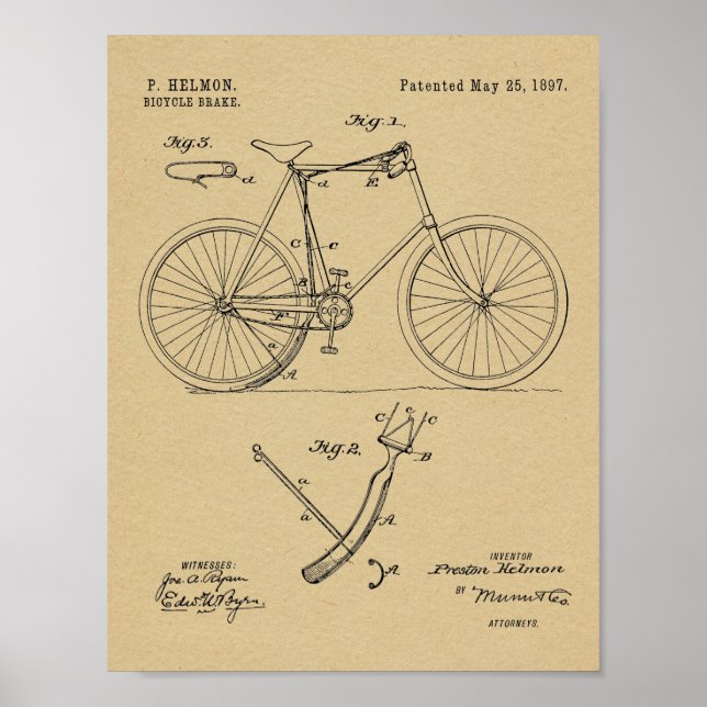 1897 Fahrradbremse Patentkunst Zeichnend Druck Poster (Vorne)