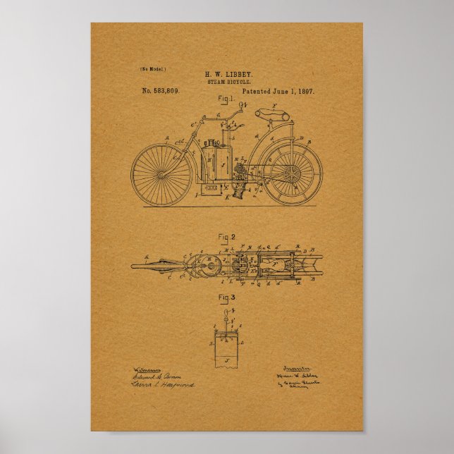 1897 Vintages Dampffahrrad - Patent Art Print Poster (Vorne)