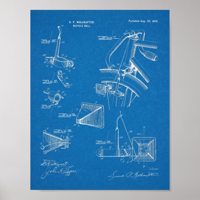 1898 Bicycle Bell Patent Art Zeichnend Print Poster (Vorne)