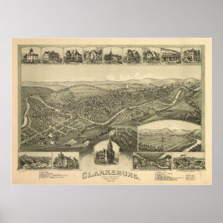 1898 Clarksburg, WV Bird's Eye Panorama Karte Poster