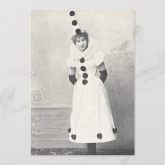 1898 Frau in Clown-Kostüm, antike Fotografie Einladung