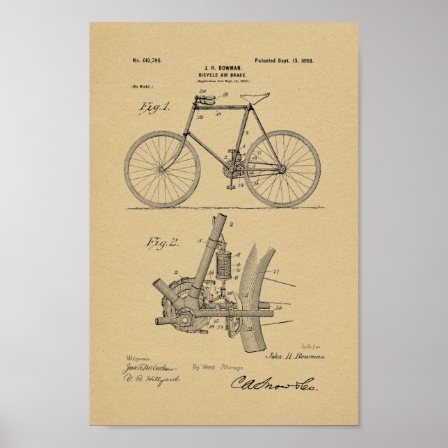 1898 Vintage Fahrradbremse Patentschrift Art Print Poster (Vorne)