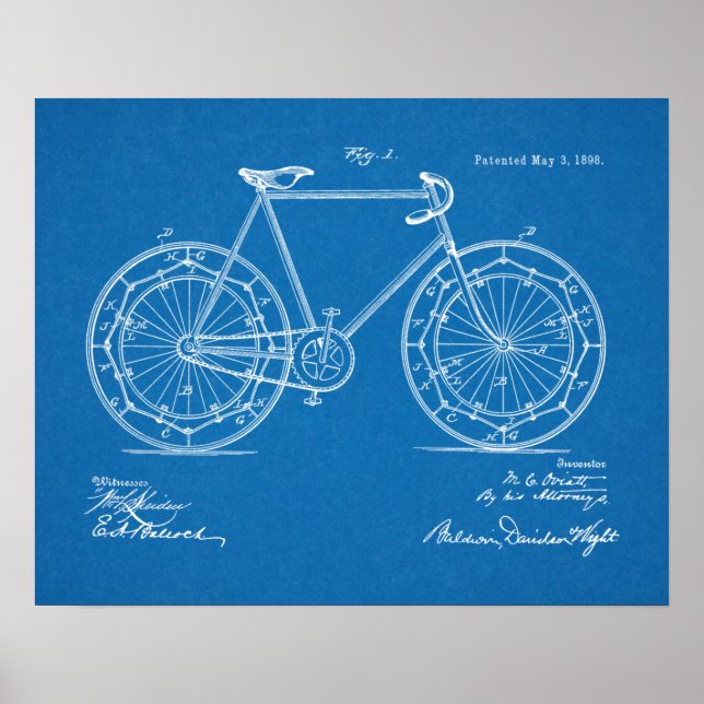 1898 Vintages Fahrrad Patent Blueprint Art Poster (Vorne)