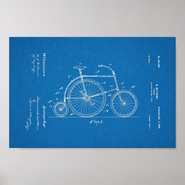 1899 Vintages Fahrrad Patent Blueprint Art Print Poster (Vorne)