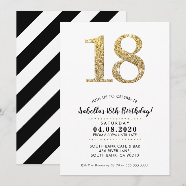 18. BIRTHDAY PARTY INVITE Moderner Glitzer Einladung (Vorne/Hinten)