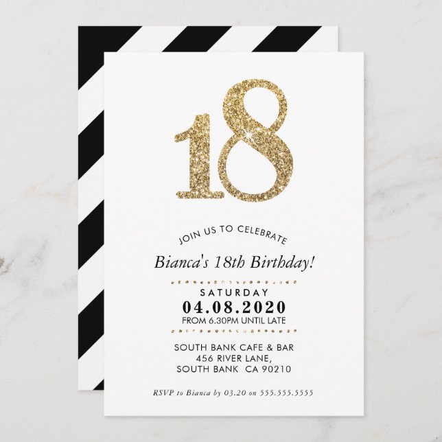 18. BIRTHDAY PARTY INVITE Moderner Glitzer Einladung (Vorne/Hinten)