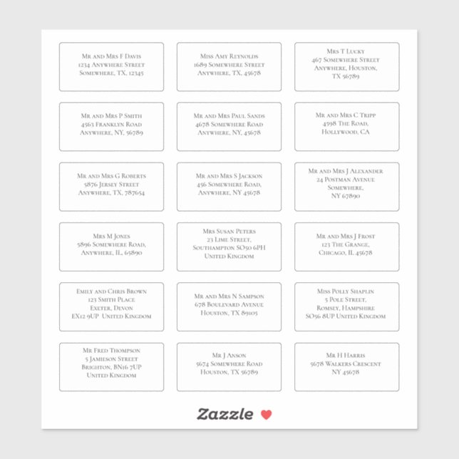 18 Einzeladressen für den Namen eines Hochzeitgäst Aufkleber (Blatt)