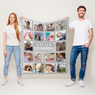 18 Foto-Collage Familienname Grau Fleecedecke