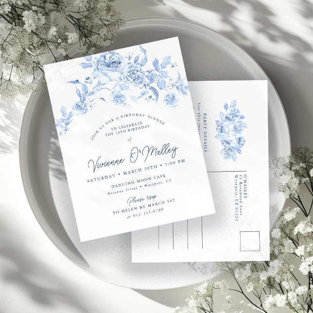 18. Geburtstag Abendessen Party Blue Floral Einladungspostkarte (Von Creator hochgeladen)