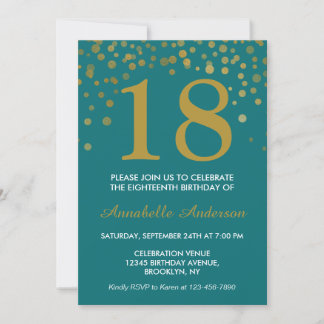 18. Geburtstag Aquamarin Gold Confetti Dot Moderne Einladung