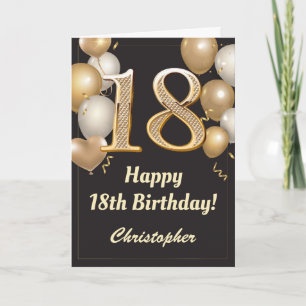 18. Geburtstag Black and Gold Balloons Confetti Karte