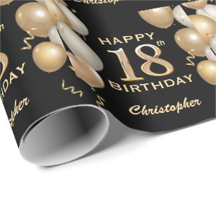 18. Geburtstag Black and Gold Glitzer Balloons Geschenkpapier