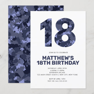 18. Geburtstag, Blue Camouflage Personalisiert Tee Einladung