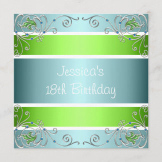 18. Geburtstag Blue Green White Silver Metal Flora Einladung